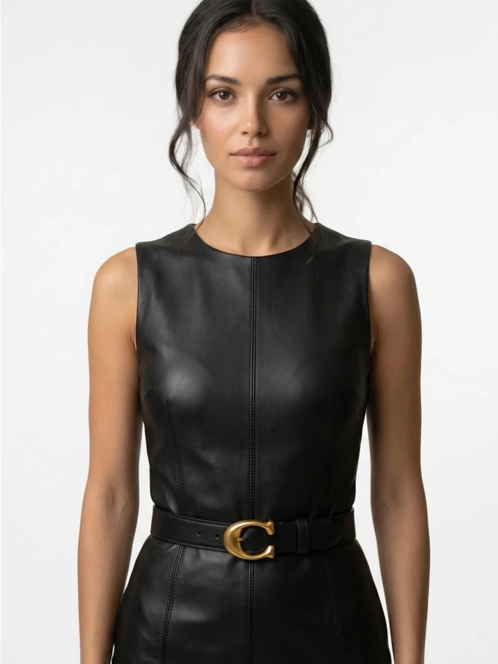Black Leather Belt with Gold 'C' Buckle - Women's Fashion Accessory